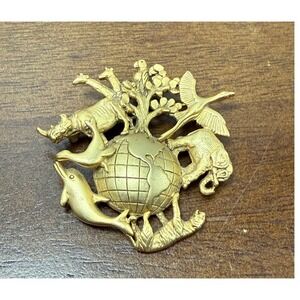 Vintage AJC Gold Tone World Wildlife Globe Animal Brooch Rhino Elephant Tiger